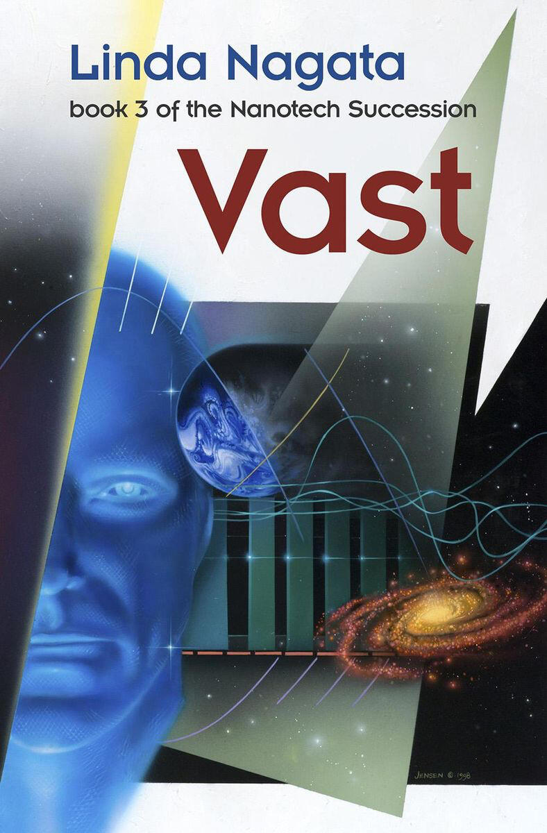 Vast by Linda Nagata The cover of Vast shows a blue ethereal face against images of space in a collage.